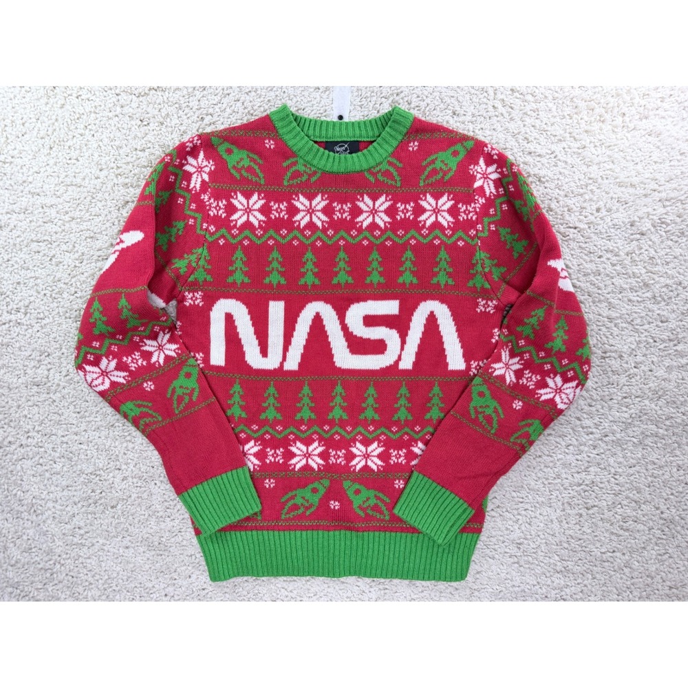 Neon Riot NASA Ugly Christmas Sweater Mens Small Red Green Fair Isle Space Knit
